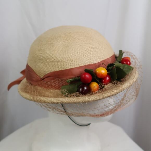 Vintage 50s Eva Mae Genuine Panama Straw Hat Fruit Net Veil main image 3